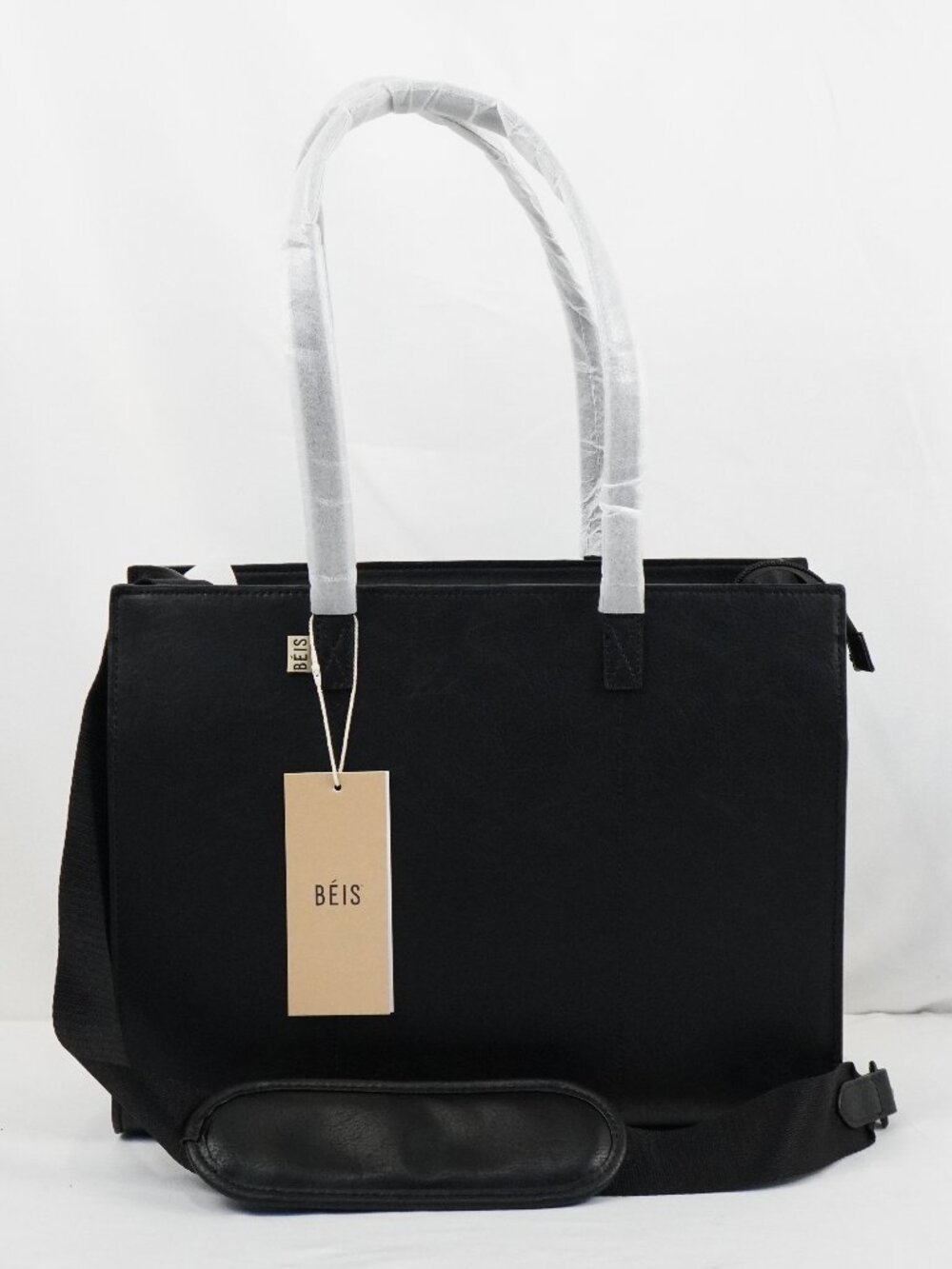 Beis The Work Tote in Black Vegan Leather with Strap - 15L Capacity - NWT